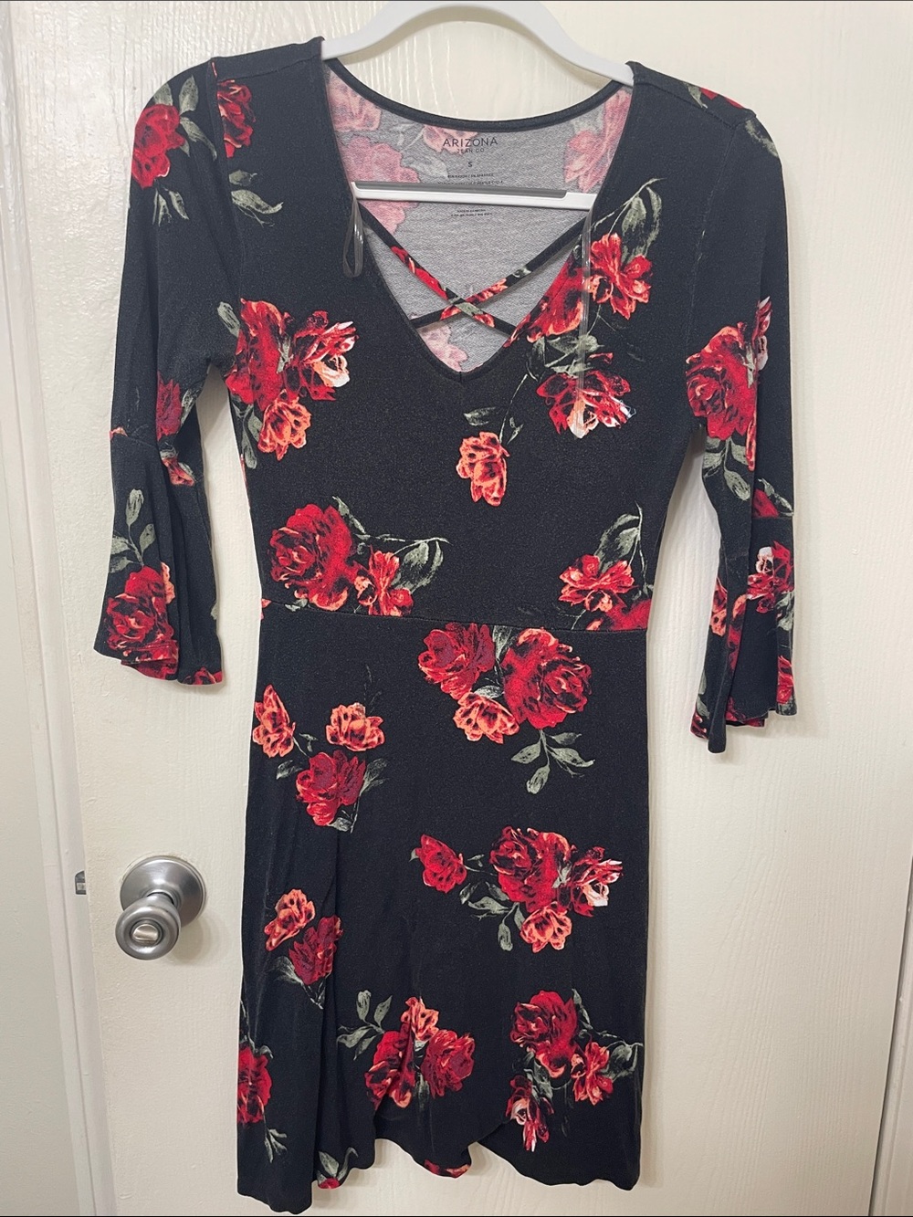 Arizona Jean Company Black Mini Dress with Red Floral Print